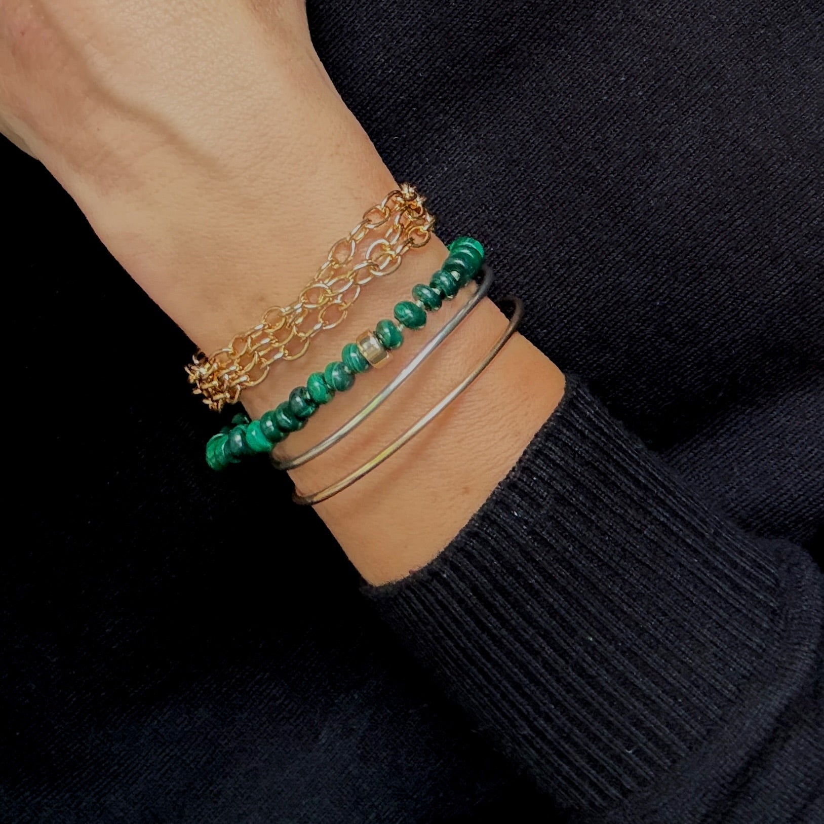gold filled Cuff Bracelet, gold chain bracelet, malachite bead bracelet  by Becket & Quill, handmade in Los Angeles - detail view
