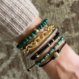 Black Macrame Bracelet , turquoise bead braclet, gold filled chain link bracelet by Becket & Quill, handmade in Los Angeles - detail view