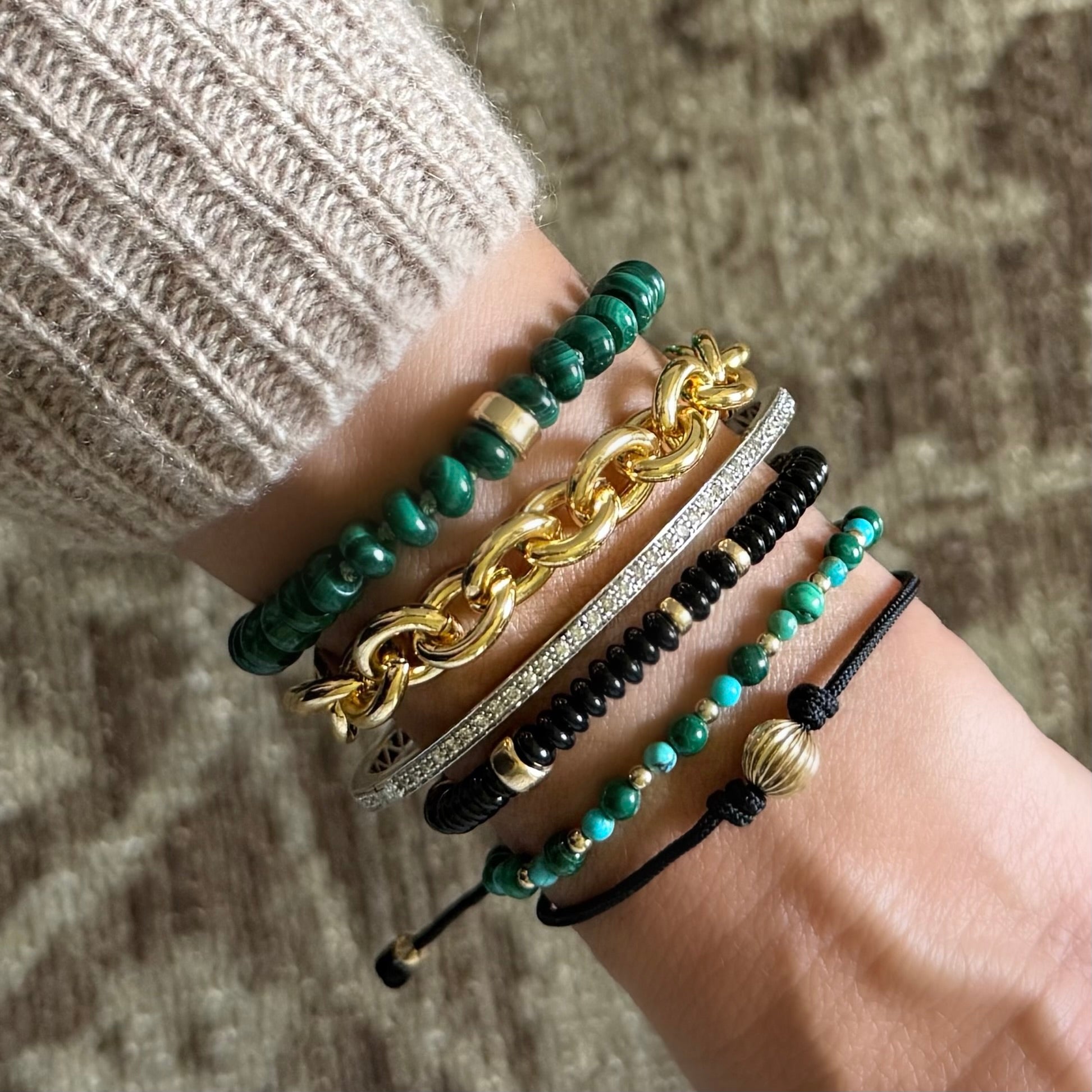 Black Macrame Bracelet , turquoise bead braclet, gold filled chain link bracelet by Becket & Quill, handmade in Los Angeles - detail view