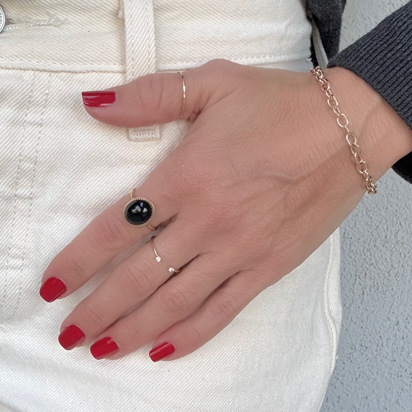 Onyx Crown Bezel Ring by Becket & Quill, handmade in Los Angeles - styled on model