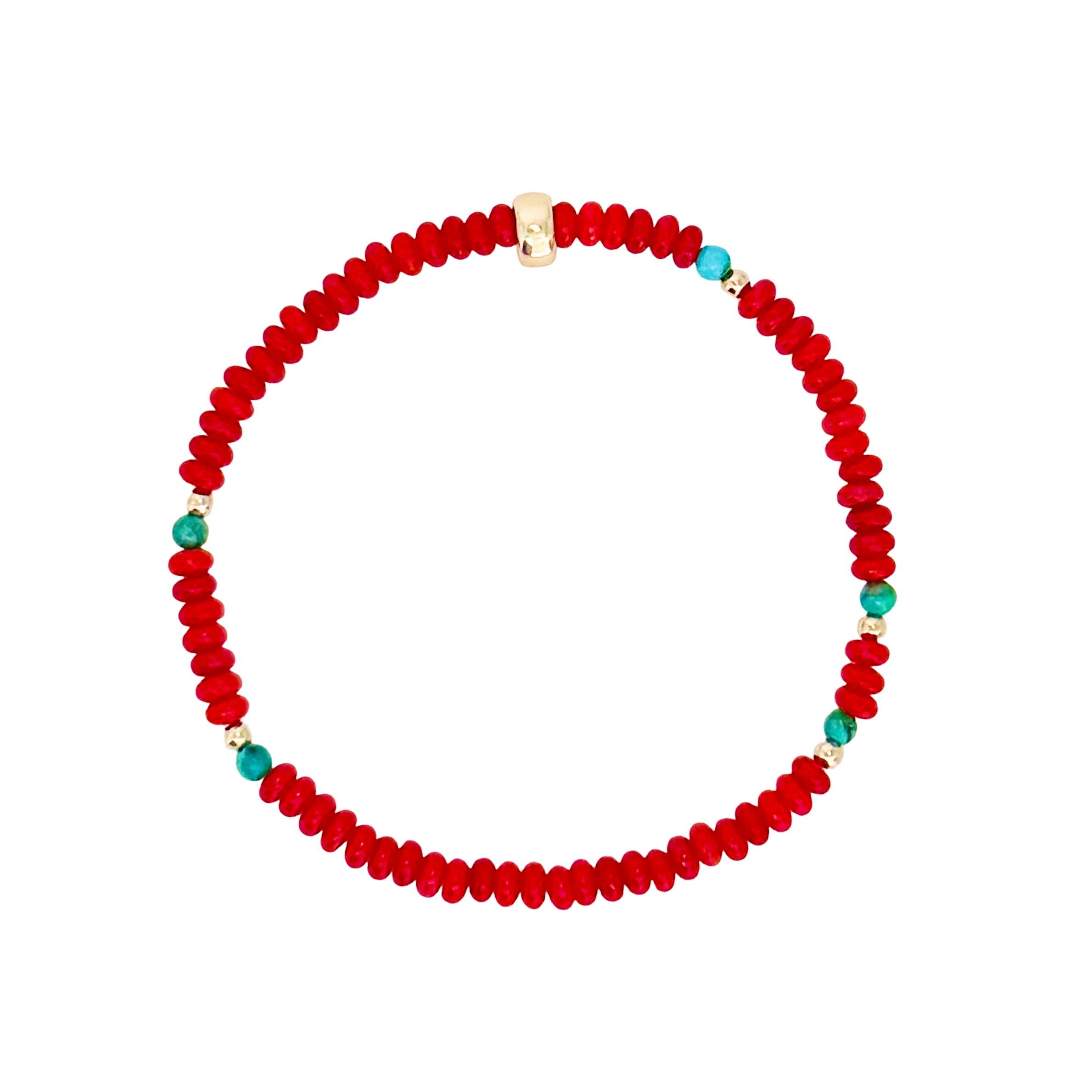 red coral bead turquoise bead and gold stretch bracelet