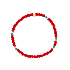 red coral bead turquoise bead and gold stretch bracelet