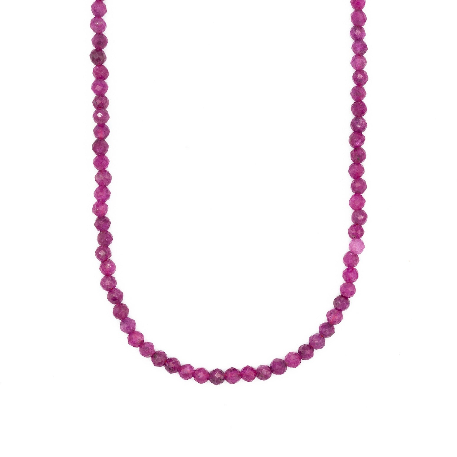 A beaded necklace made of faceted, round ruby beads