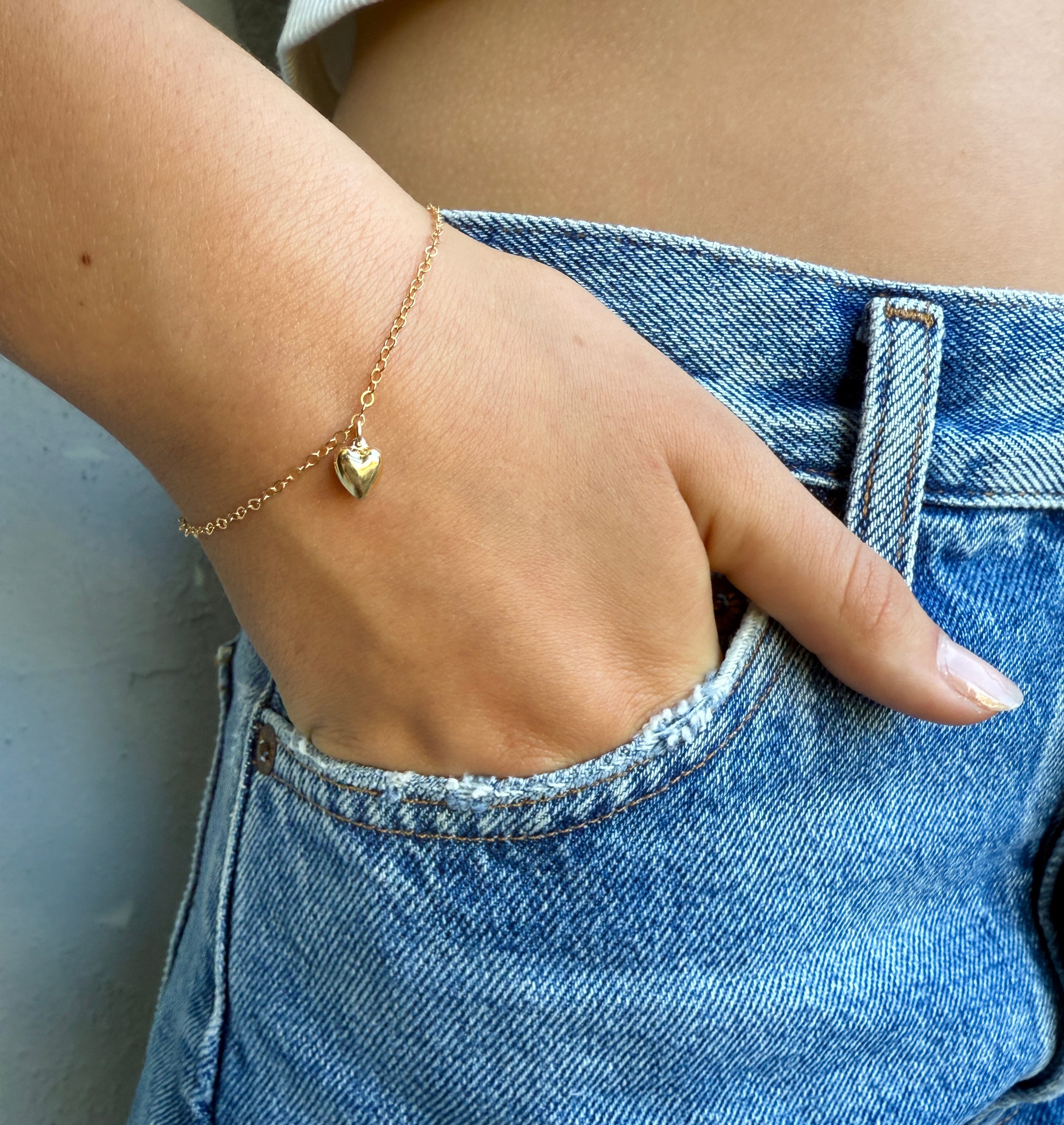 14k gold Small Heart Charm Bracelet by Becket & Quill, handmade in Los Angeles - detail view