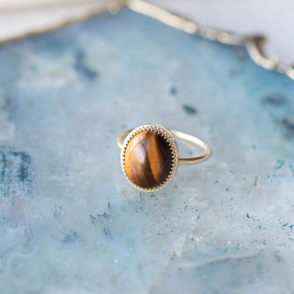 Tiger's Eye Crown Bezel Ring by Becket & Quill, handmade in Los Angeles - detail view
