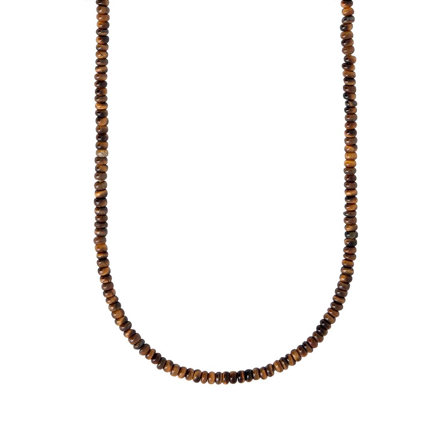 A beaded necklace made of small, faceted brown and black tiger's eye beads