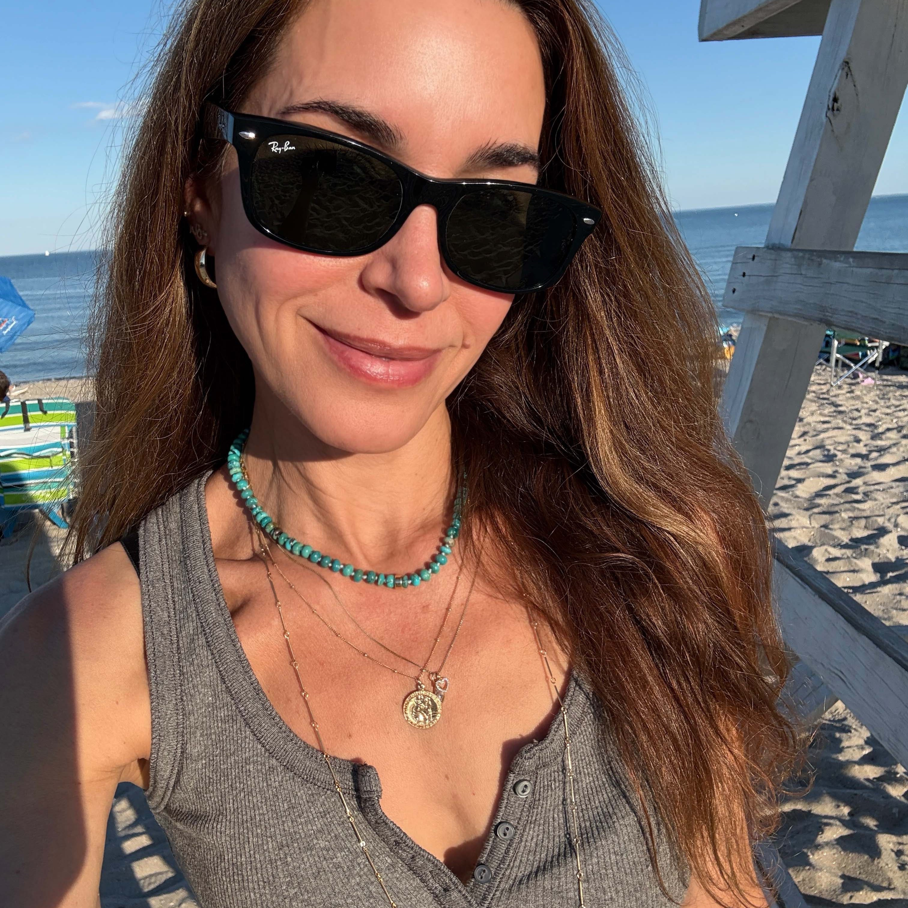summer necklace stack with turquoise beaded necklace st christopher necklace