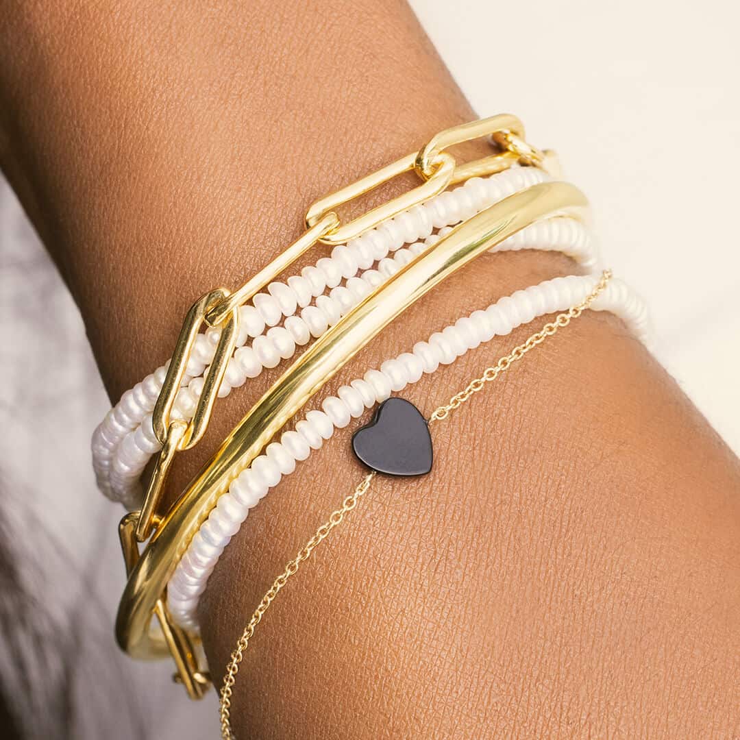 Button Pearl Bracelet by Becket & Quill, handmade in Los Angeles - styled on model