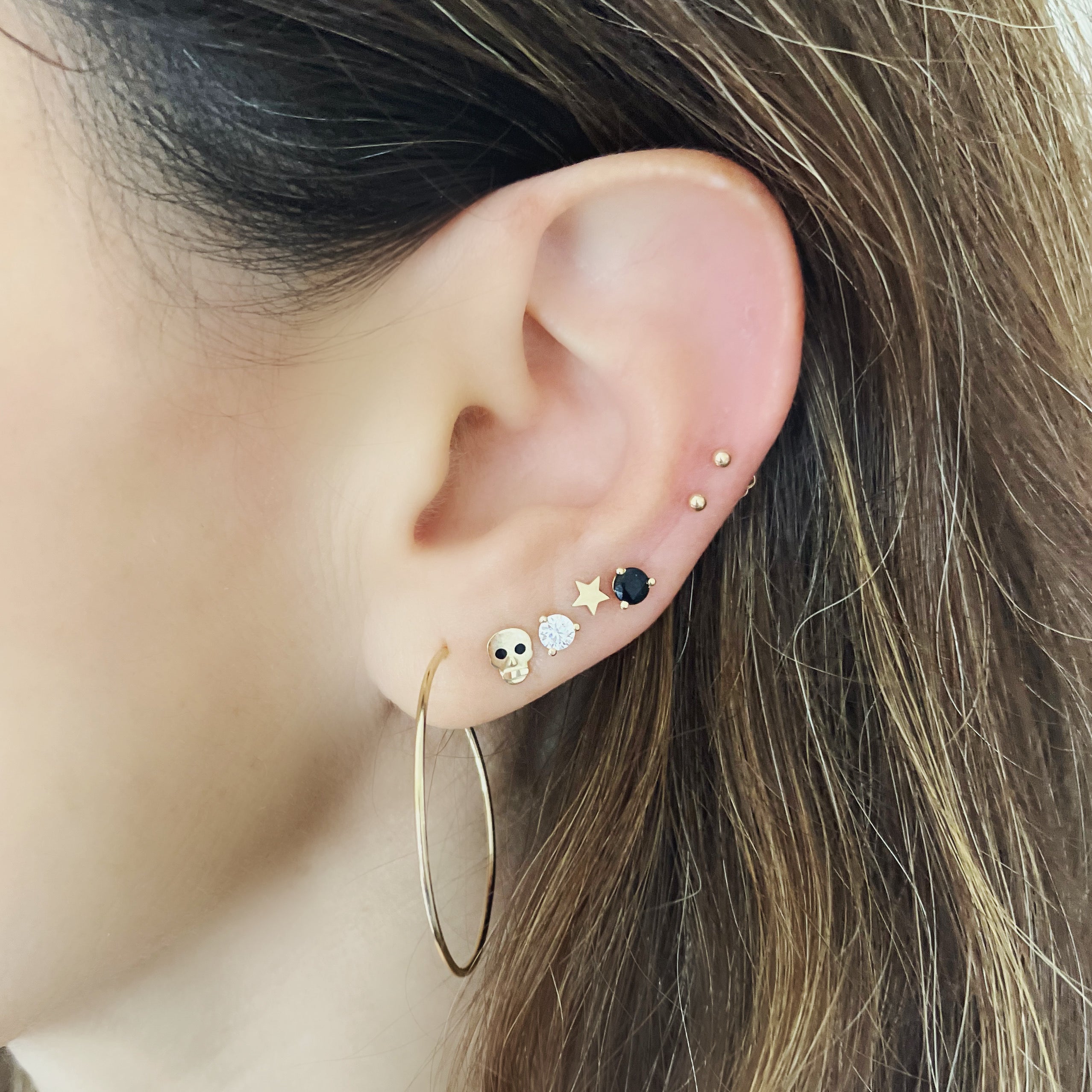 Skull Studs gold hoops diamond studs by Becket & Quill, handmade in Los Angeles - detail view